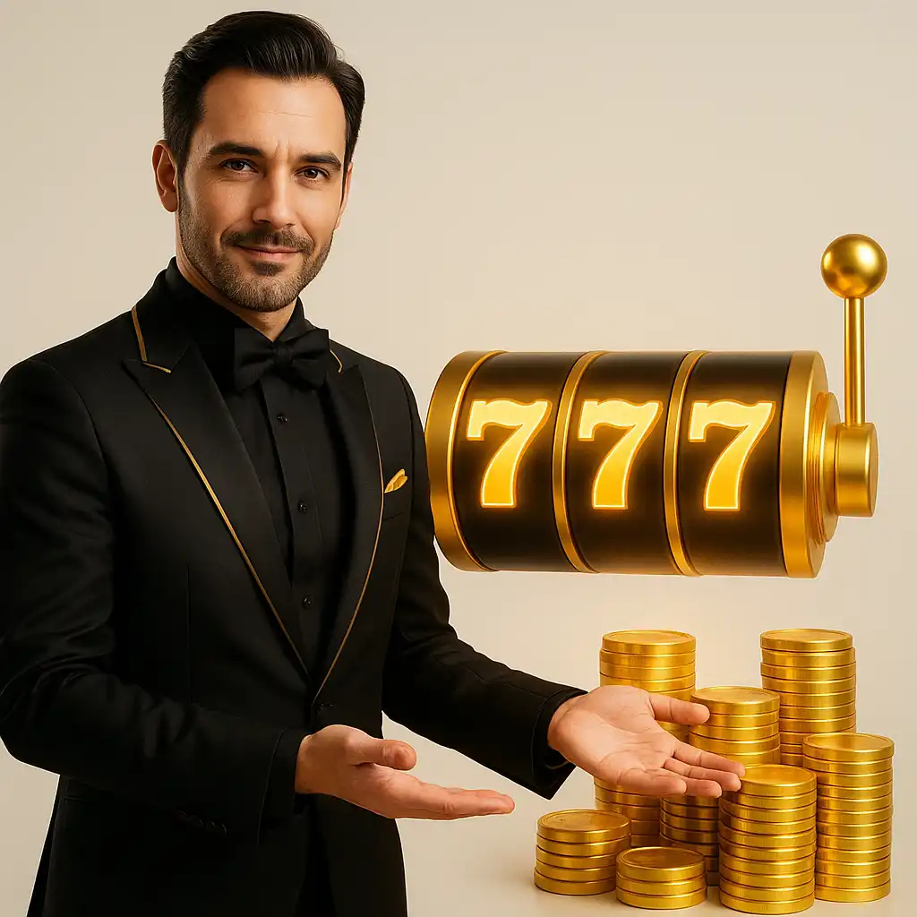 Bigdrago Casino host presenting slot reels and gold coins