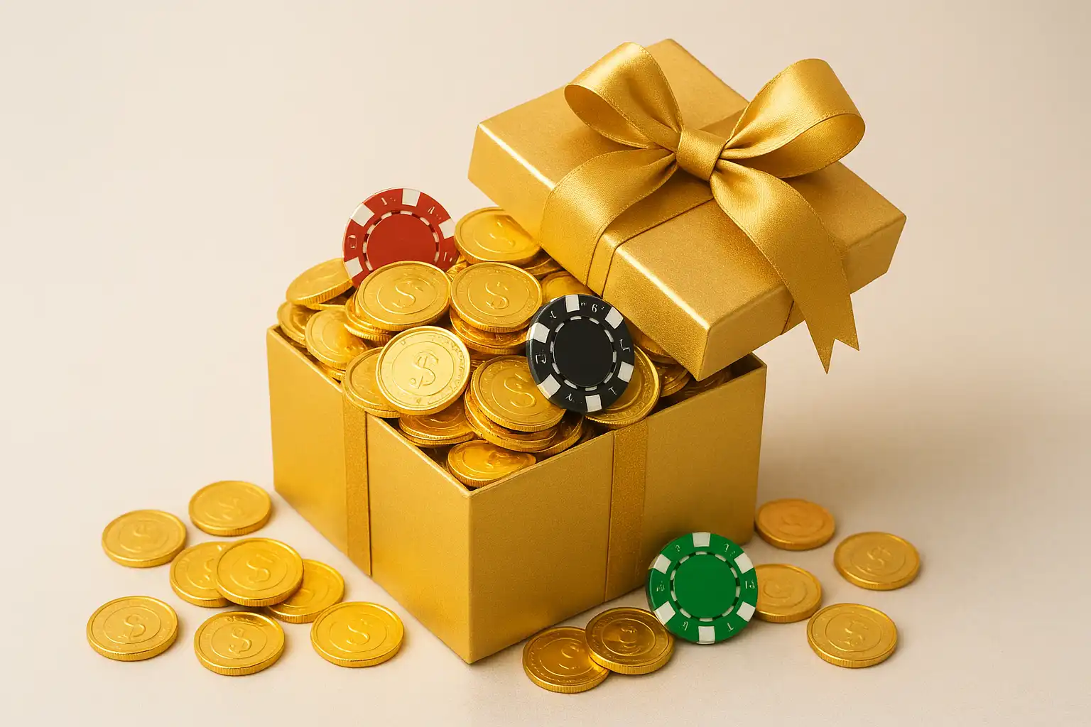 Golden bonus coins and a welcome gift box representing Bigdrago Casino promotions